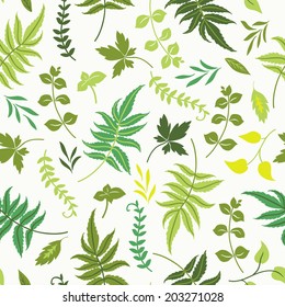 Vector seamless pattern with green leaves on white background. 