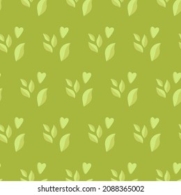 Vector seamless pattern with green leaves and hearts on green background