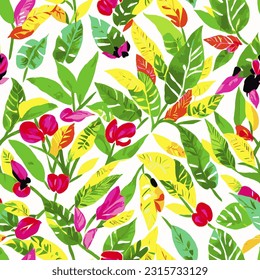 vector seamless pattern green leaves red flowers background