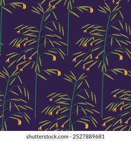 Vector seamless pattern with green leaves and yellow bellflowers on a dark background. Ideal for textiles and digital prints.