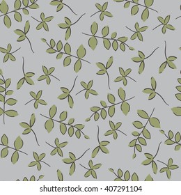 Vector Seamless Pattern. Green leaves on a gray background. hand-drawn