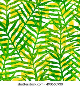 Vector seamless pattern from green leaves on the white background with yellow strips