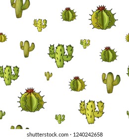 Vector seamless pattern with green lime cactuses background illustration. Trendy desert design for kid textile or linen.