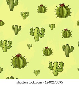 Vector seamless pattern with green lime cactuses background illustration. Trendy desert design for kid textile or linen