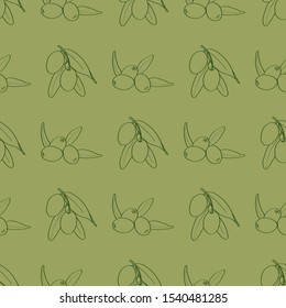 Vector seamless pattern of green line olive branch ond olives