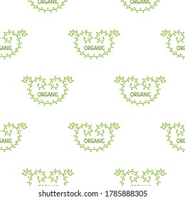 Vector seamless pattern of green logo Organic design template. Emblem for natural farm, organic products. Isolated on white background.