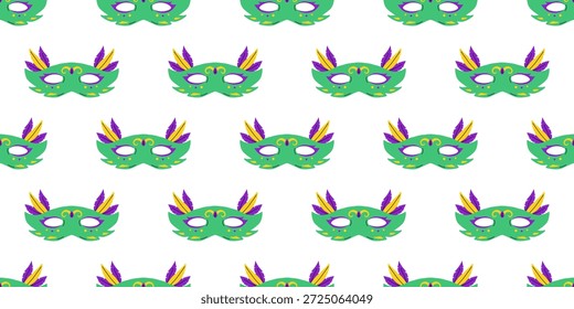 Patrón sin fisuras de Vector con máscara verde de Mardi Gras con pluma sobre fondo blanco, disfraz festivo de disfraces de carnaval repetido para papel de regalo, tela, textil y diseño de decoración navideña.