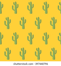 Vector seamless pattern with green mexican cactus on orange background