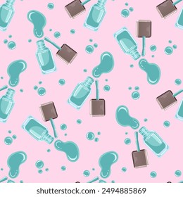 Vector seamless pattern of green nail polish bottles, brushes, and splashes on a pink background