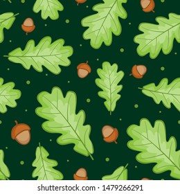 Vector seamless pattern with green oak leaves and acorns on dark green background. Nature design for fabric, wallpaper, textile, web design.