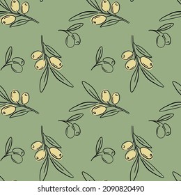 Vector seamless pattern with green olive tree branches on white background. Hand drawn. For the design natural organic cosmetics, wrapping paper, soap, olive oil. Stock illustration.