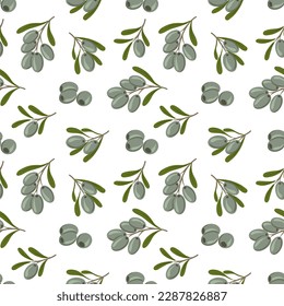 Vector seamless pattern with green olive tree branches. Repeated Flat vector illustration with fruits for natural organic cosmetics, soap, wrapping paper, wallpaper, textile, olive oil, scrapbooking