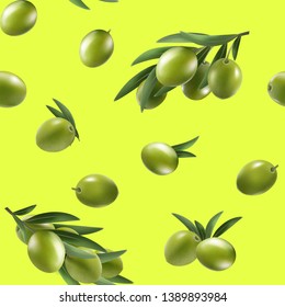 Vector seamless pattern with green olives on yellow. Background design for olive oil, natural cosmetics. Best for wrapping paper.