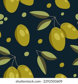 Vector seamless pattern with green olives on dark. Background design for olive oil, natural cosmetics. Best for wrapping paper.