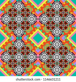 Vector seamless pattern. Green, orange and gray background. Abstract geometric pattern. Seamless geometric pattern. Geometric background with rhombus, dots and nodes. Colorful texture.