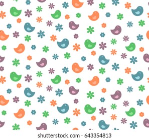 Vector seamless pattern of green, orange, blue and purple birds with colorful flowers