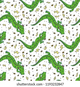 Vector seamless pattern with green oriental dragons, stars and thunderbolts in doodle style on white background. Dangerous and cool concept.
