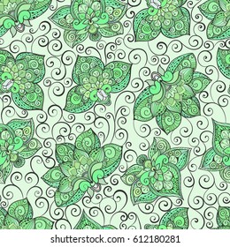 Vector seamless pattern with green ornament. Tile in Eastern style. Ornamental lace tracery. Ornate swirl geometrical decor for wallpaper. Traditional arabic decor.Islamic, Dubai, East style template