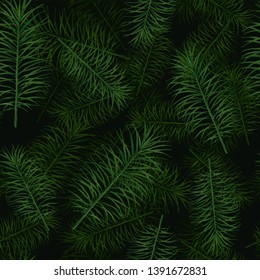 Vector seamless pattern of green palm leaves and tropical plants on a black background. Exotic background for seasonal design.