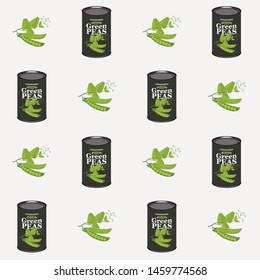 Vector seamless pattern with green peas and green pea cans in retro style on light background. Repeatable flat illustrations for canned green peas