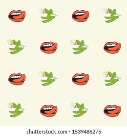 Vector seamless pattern with green peas and human mouths in retro style on light background. Repeatable flat illustrations for healthy menus, kitchen textiles, tableware decor, food blog background.