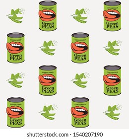 Vector seamless pattern with green peas, green pea cans and human mouths in retro style on light background. Repeatable flat illustrations for canned green peas