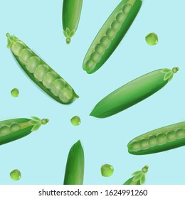 
Vector seamless pattern with green peas and pea pods on a blue background.