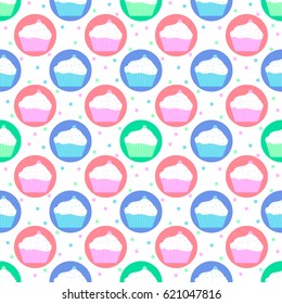 Vector seamless pattern of green, pink and blue cakes with dots