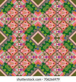 Vector seamless pattern in green, pink and beige colors. Abstract brushed squares textured background.