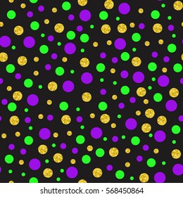 Vector seamless pattern with green, purple and golden glitter beads. Mardi Gras holiday banner, wrapping paper