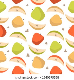 Vector seamless pattern of green, red and orange apples and apple slices on a white background. For design packaging, textile, background, design postcards and posters.