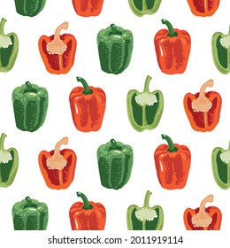 Vector seamless pattern with green and red peppers. Sweet and hot