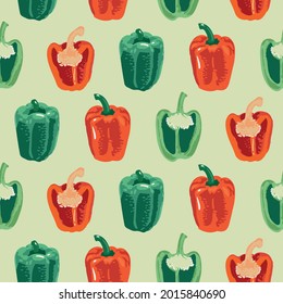 Vector seamless pattern with green and red peppers. Sweet and hot