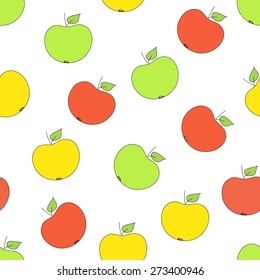 Vector seamless pattern with green, red, yellow apples on a white background