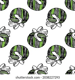 Vector seamless pattern of a green round gift box with a white bow. a pattern of a gift drawing, a green color with a white stripe drawn in the style of a doodle, located on a white background 