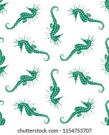 Vector seamless pattern of green seahorse silhouette on white background. Seahorse background