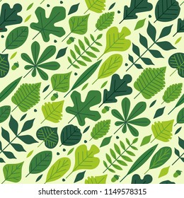 Vector seamless pattern with green spring leaves. Natural botanical background. Colorful tree leaves icons set.
