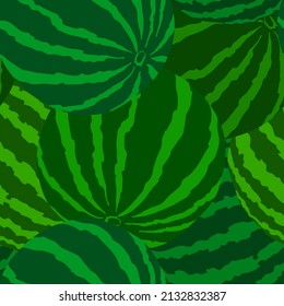 Vector seamless pattern with green stripy watermelons. Colorful hand-drawn repeatable background.