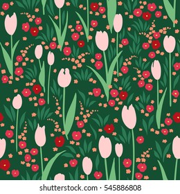 Vector seamless pattern with green summer meadow. Blooming flowers, light pink tulips, red pansies.