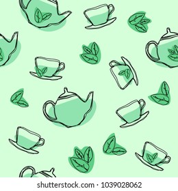 Vector seamless pattern with green tea leaf, teapots and cups. Hand drawing vintage texture. 