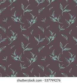 Vector seamless pattern with green tea leaves on brown. Hand drawn botanical illustration in vintage style for print, fabric, wrapping, web page and other seamless design.