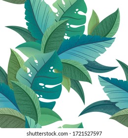 Vector seamless pattern with green trendy exotic palm and monstera leaves on white background. Design for print, fabric, wallpaper, card