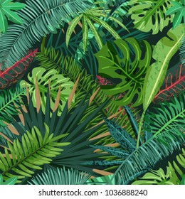 Vector seamless pattern with green tropical palm, monstera leaves. Nature background. Summer or spring trendy design elements for fashion textile prints and greeting cards.