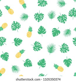 Vector seamless pattern with green tropical leaves and pineapples. Exotic background. Colorful cartoon summer illustration. Jungle print. Ideal for wrapping paper, textile, bedding, fabric.