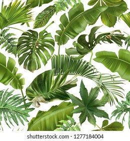 Vector seamless pattern with green tropical leaves on white background.   Best as wrapping paper, wallpaper