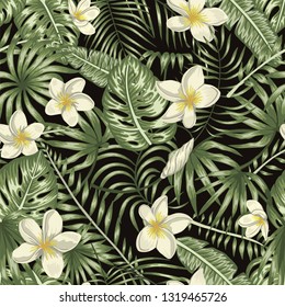 Vector seamless pattern of green tropical leaves with white plumeria flowers on black background. Summer or spring repeat tropical backdrop. Exotic jungle ornament