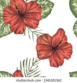Vector seamless pattern of green tropical leaves with red hibiscus flowers on pink background. Summer or spring repeat tropical backdrop. Trendy exotic jungle ornament