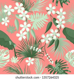 Vector seamless pattern with green tropical leaves on red background. Main trend concept. Exotic botanical design, hawaiian style shirt.