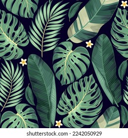 Vector seamless pattern with green tropical leaves