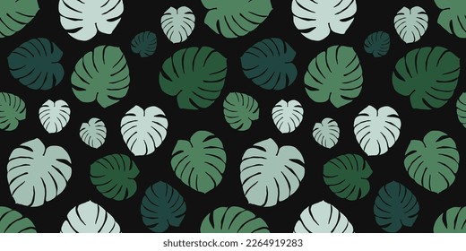 Vector seamless pattern with green tropical leaves on black background. Abstract geometric texture with monstera plant leaf. Summer floral ornament. Simple botanicals. Elegant repeat design for decor